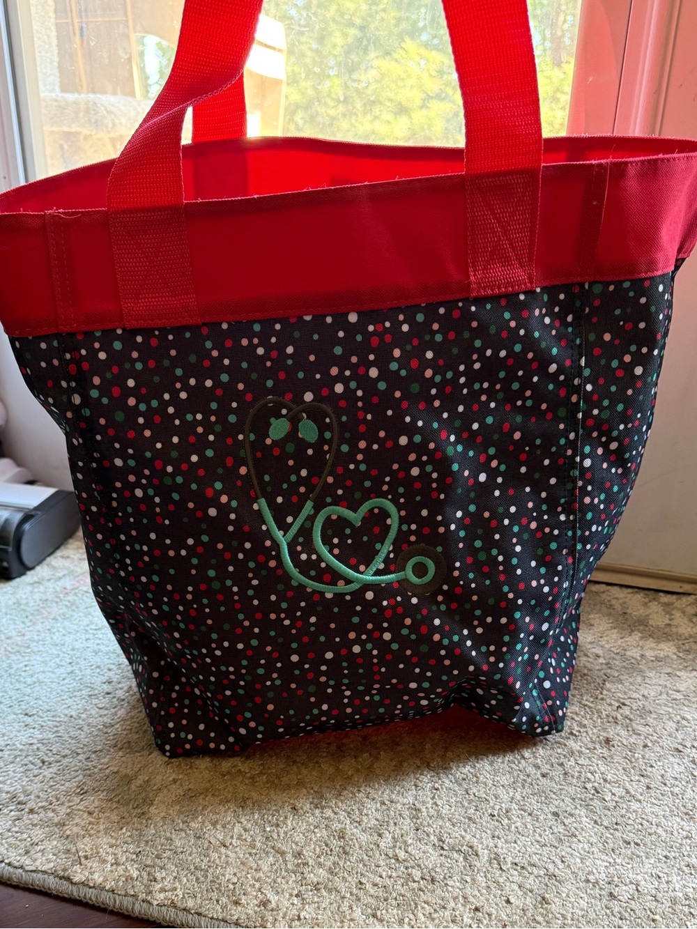 Thirty-one Red and Black Polka Dot Tote Bag with Heart Stethoscope Design